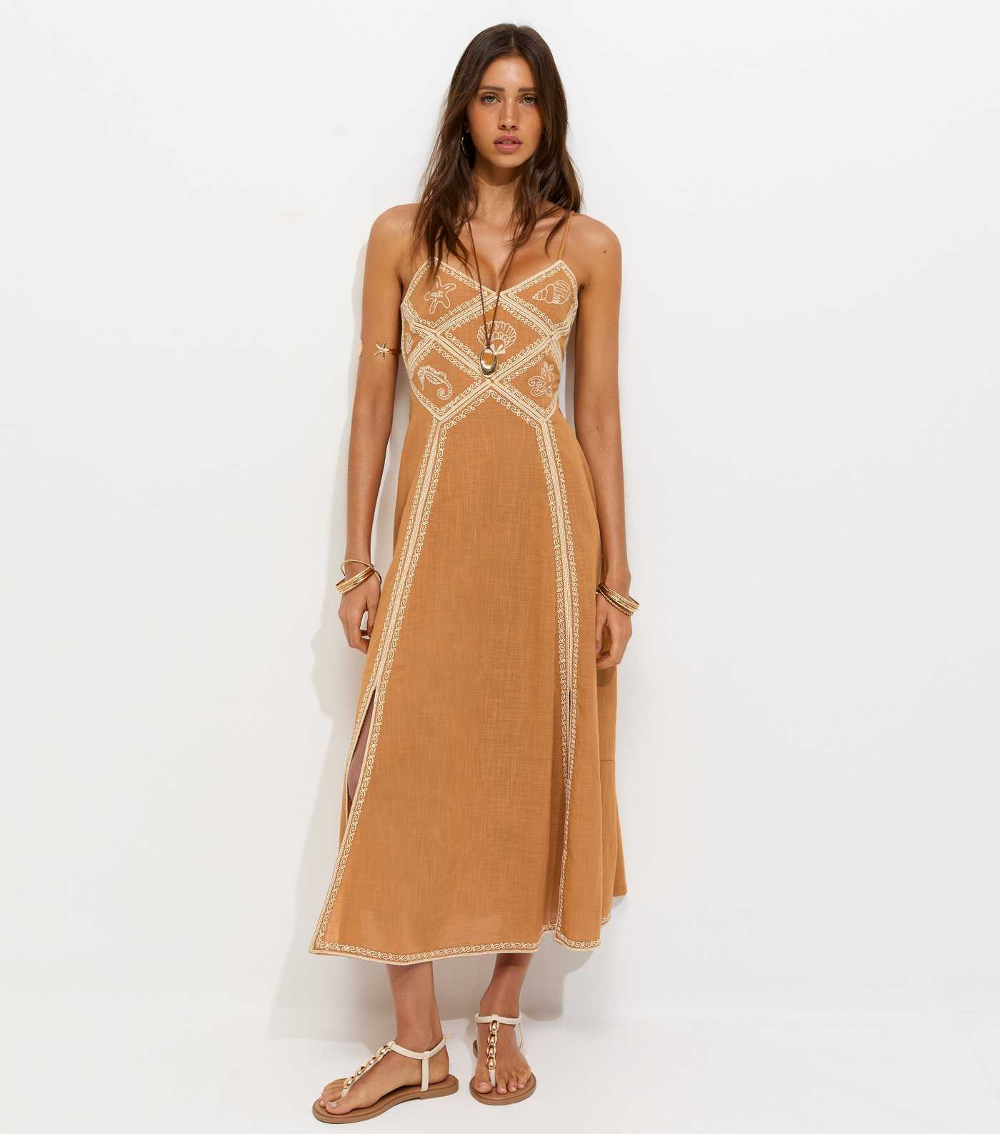 Dark Yellow Shell Embroidered Strappy Midi Dress | New Look | New Look (UK)