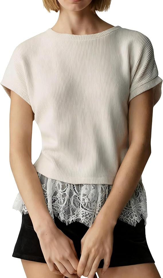 SKIKYAN Women's Summer Ribbed Short Sleeve Knit Top Lace Trim Casual Blouse Loose Fit Pullover Sh... | Amazon (US)