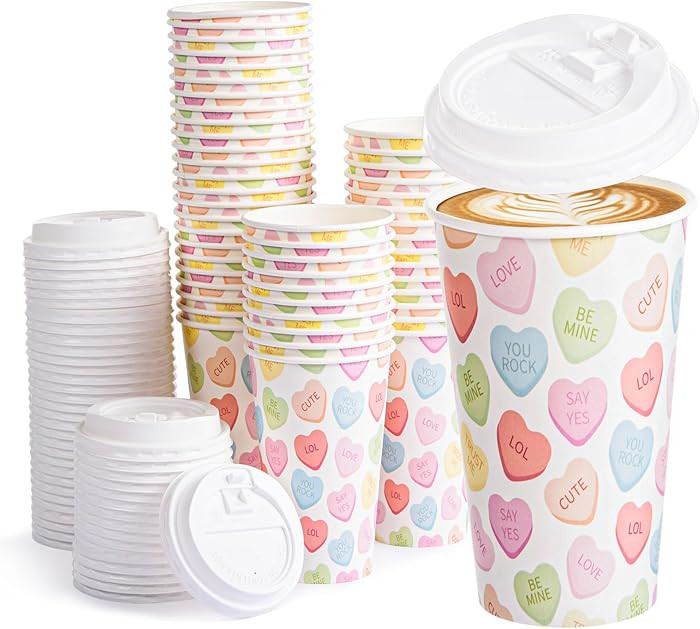 FOBSME 50 Pcs Valentine Disposable Coffee Cups With Lids 16oz Conversation Heart Paper Cups Color... | Amazon (US)