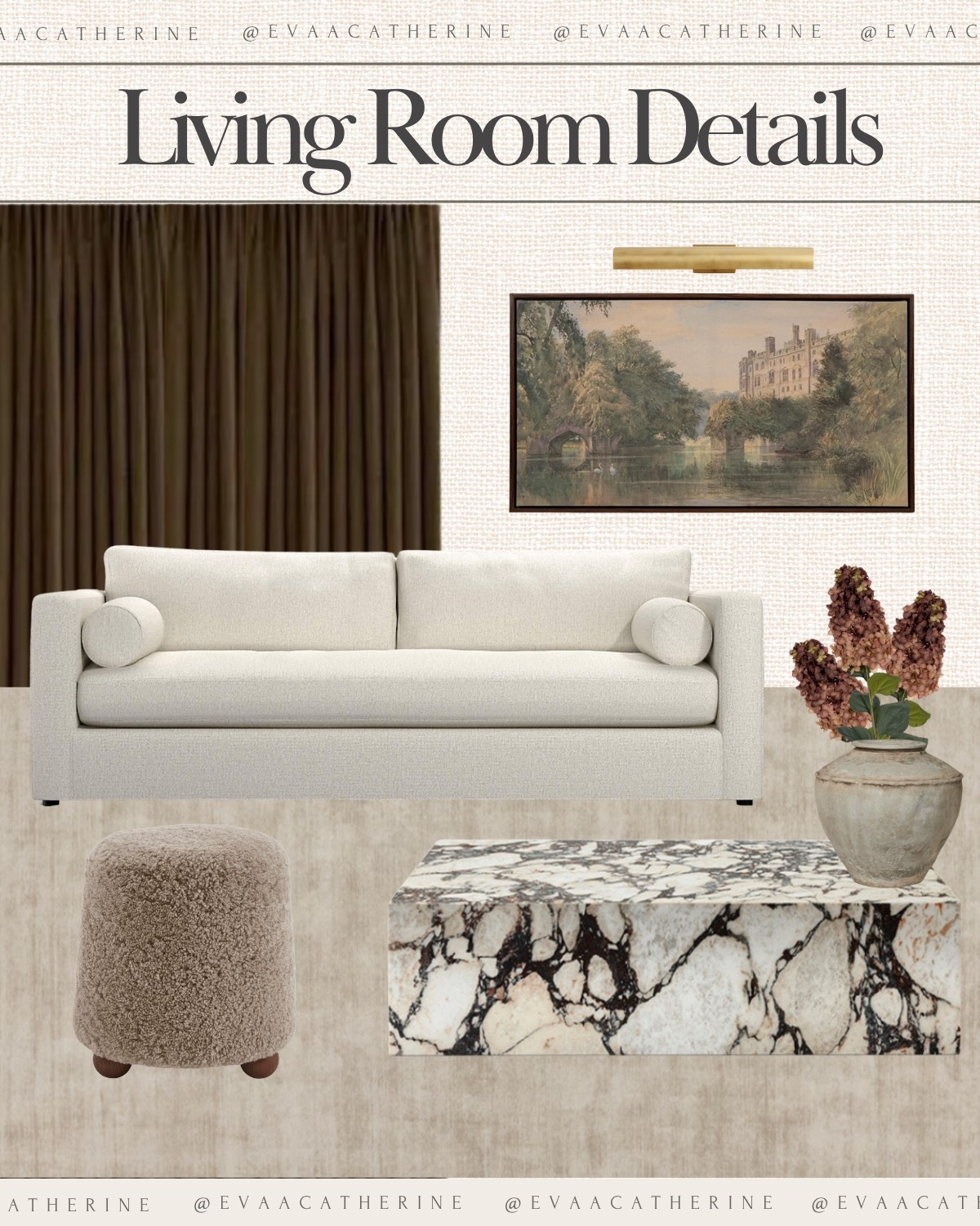 Living room details coming together 🤍 This marble coffee table from Manhattan Home Design is such a statement moment, and I love how it pairs with the neutral textured rug from Layla Grace. Finished the look with rich, moody curtains for contrast. Everything’s linked here 

 ✨ #neutralhome #livingroominspo #marbletable #LTKhome #casachicollo #interiorstyling

#LTKHome