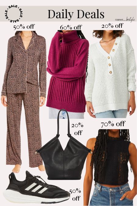 daily deals / deals of the day / best of sale / my favorite things on sale rocky now / eco pajamas / free people sweater / cranberry turtleneck/ free people lace tank / adidas tennis shoes / black tote bag 

#LTKitbag #LTKsalealert #LTKstyletip