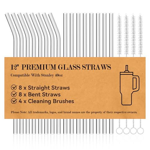 Foogwee® 20 Packs Reusable Glass Straws Set, 12'' x 10mm Clear Drinking Straws for Smoothies, Shakes, Coffee, Juice, Sodas, Milk, Tea, Cocktails, Set of 8 Straight and 8 Bent with 4 Cleaning Brushes | Amazon (US)