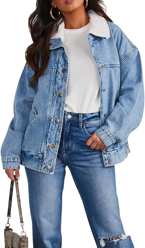 chouyatou Women's Warm Sherpa Collar Denim Jacket Faux Fur Collar Denim Coat Trucker Jacket | Amazon (US)
