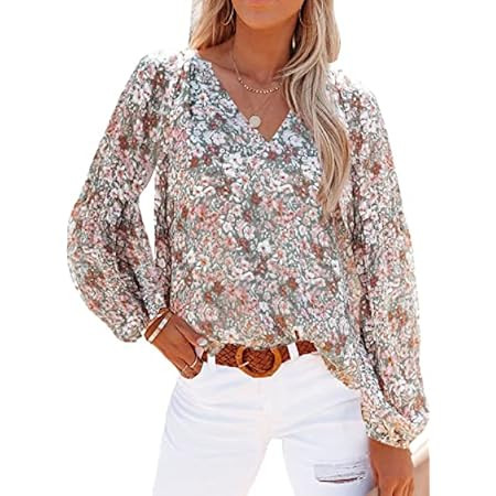 Dokotoo Women's Casual Boho Floral Print V Neck Long Sleeve T Shirt Blouses | Amazon (US)