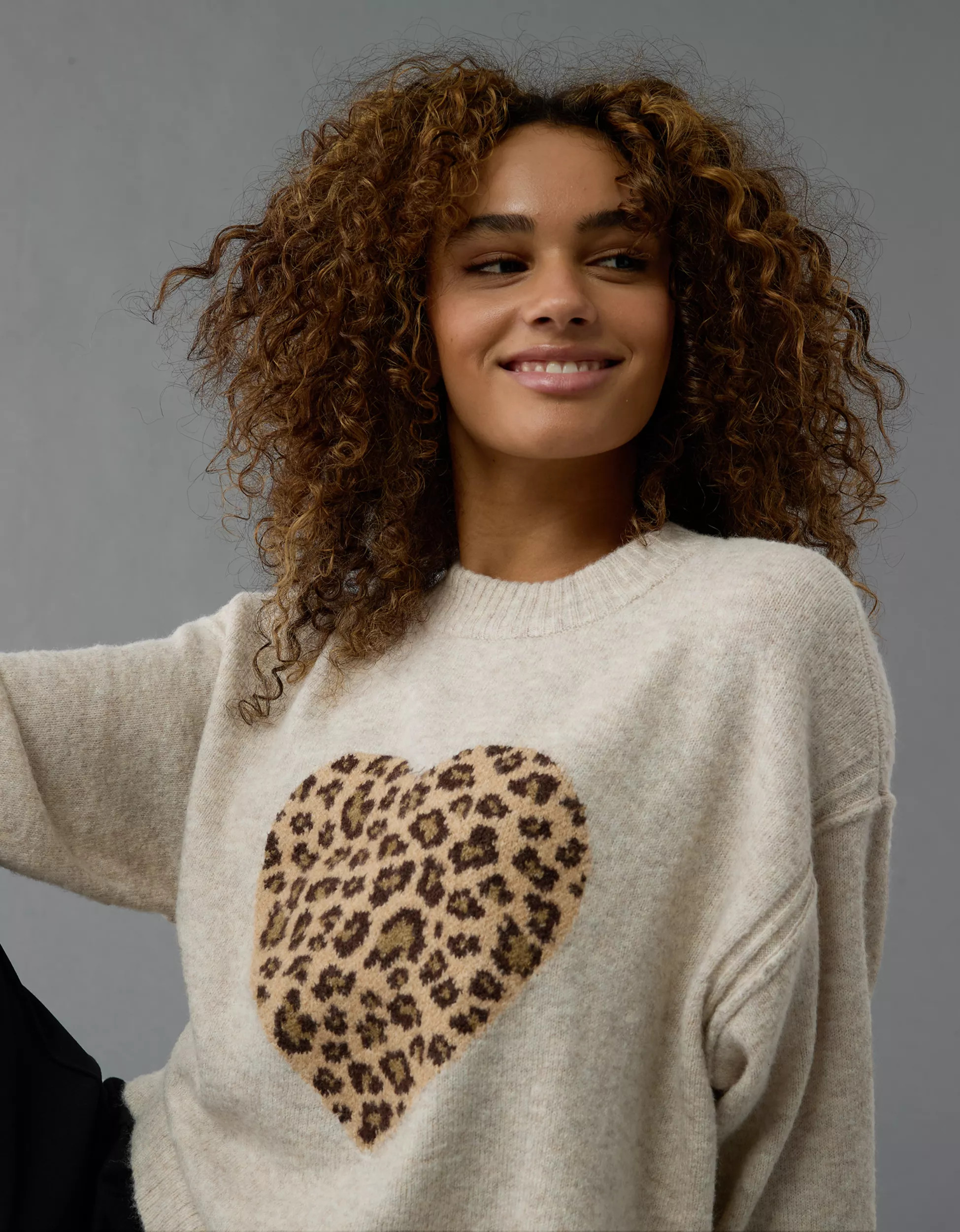 AE Whoa So Soft Leopard Heart Crew Neck Sweater | American Eagle Outfitters (US & CA)