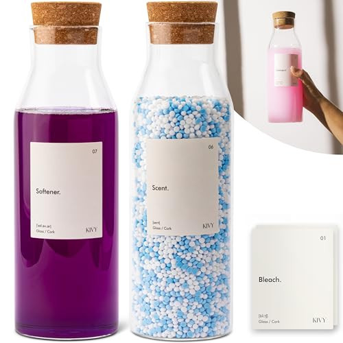 KIVY Glass Laundry Detergent Dispenser + Labels [Set of 2] Glass Jars for Laundry Room Organization Decor - Scent Beads & Soap Dispenser for Liquid Detergent Dispenser & Fabric Softener | Amazon (US)