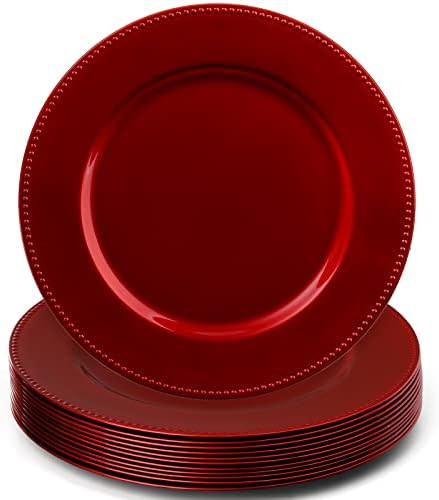 Okllen 12 Pack Plastic Round Charger Plates, 13" Red Beaded Charger Plates Decorative Dinner Char... | Amazon (US)