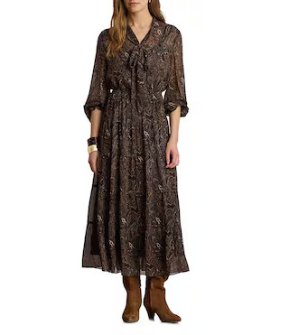 Lauren Ralph Lauren Petite Size Paisley Georgette Tie-Neck Long Blouson Sleeve A-Lie Tiered Midi Dress -  8P | Dillard's