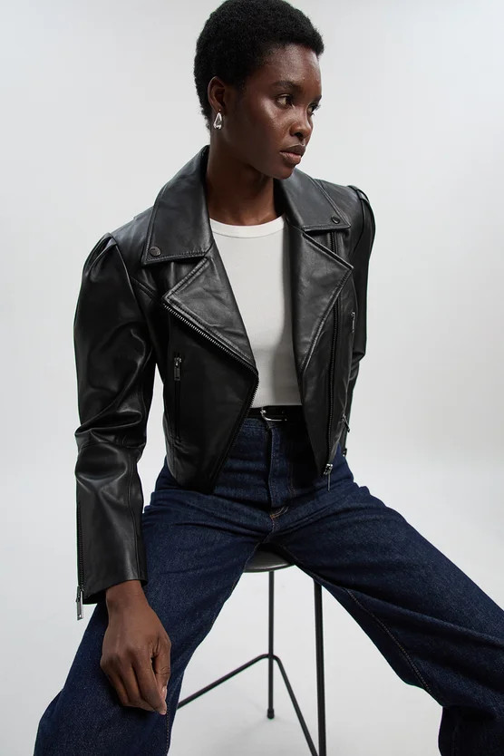 Leather Strong Shoulder Crop Biker Jacket | Karen Millen UK + IE + DE + NL