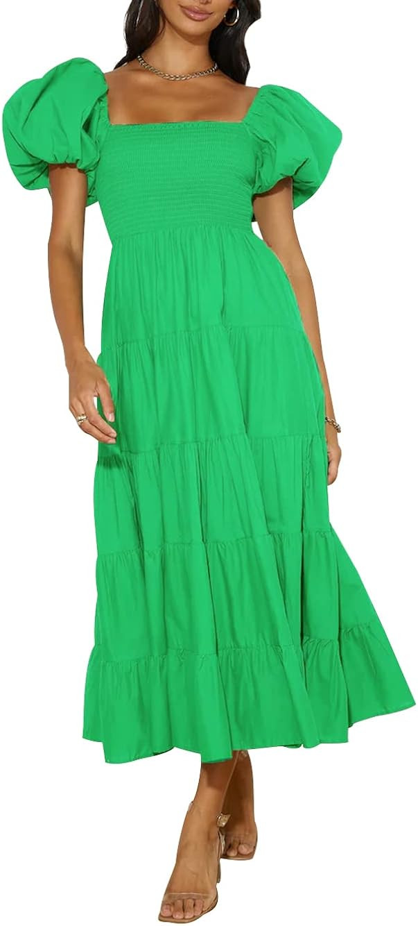 kayamiya Women's Summer Boho Dress Short Puff Sleeve Square Neck High Waist Solid Smocked Tiered ... | Amazon (US)