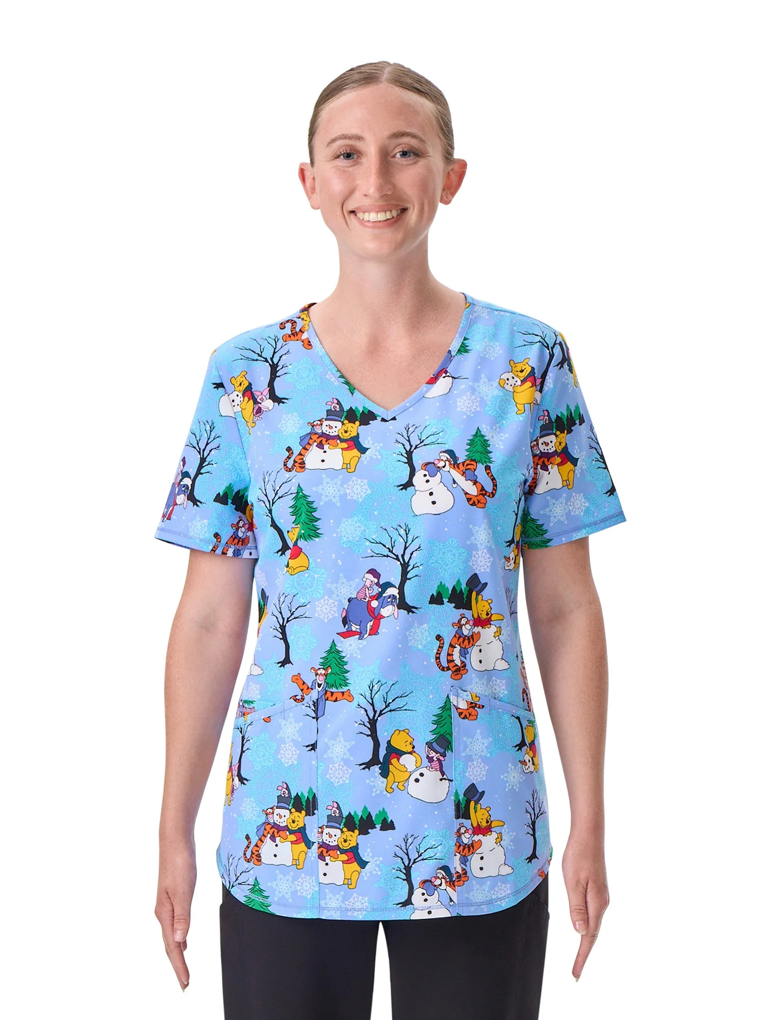 100 Acre Snow Day Women's V-Neck Print Scrub Top, Sizes XS-3XL | Walmart (US)