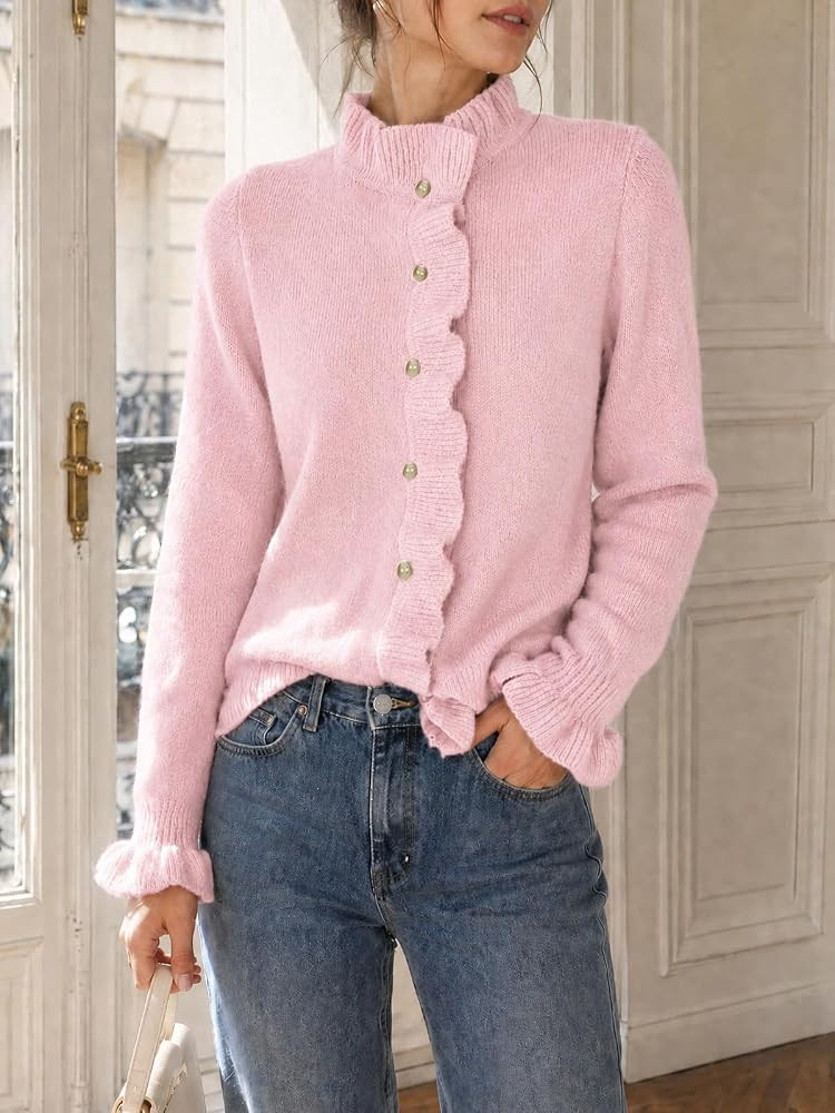 Wenrine Womens Ruffle Cardigan Sweaters Casual Button Down Knit Tops Coat | Amazon (US)