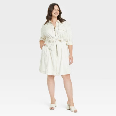 Women's Plus Size Long Sleeve Twill Dress - Ava & Viv™ Cream 4X | Target