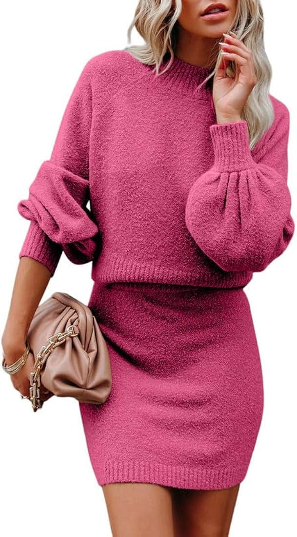Dokotoo Women's 2 Piece Outfits Sweater Set Puff Long Sleeve Knit Cropped Top and Bodycon Skirt D... | Amazon (US)