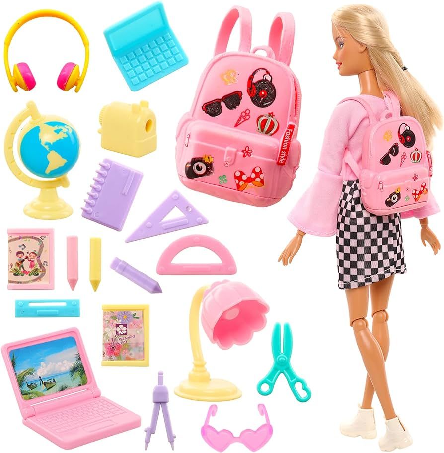 ENOCHT 19 Pcs Girl Doll School Accessories Mini Doll Backpack Mini Desk Lamp Laptop Mini Globe Gl... | Amazon (US)