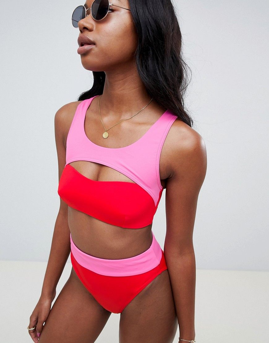 ASOS DESIGN color block high leg high waist bikini bottom in red/pink - Multi | ASOS US