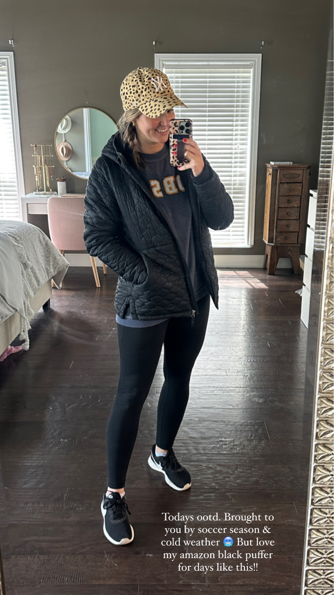 Amazon fashion finds! Casual outfit for cold soccer Saturdays!!! 

Black puffer jacket , black leggings with pockets, black Nike sneakers, cheetah hat, baseball hat, mom style, casual style, puffer coat 