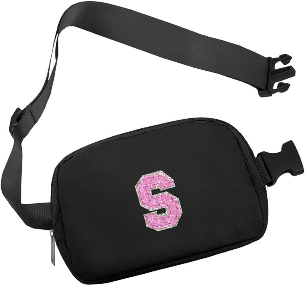 COSHAYSOO Black Belt Bag Small Waist Fanny Pack Crossbody Purse with Initial Letter Patch for Tee... | Amazon (US)
