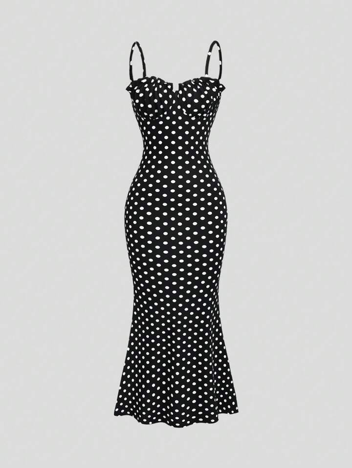 Sweetra Robe À Bretelles Femme Décontractée Et Sexy Dos Nu À Pois Noir Et Blanc, Printemps Et Été | SHEIN