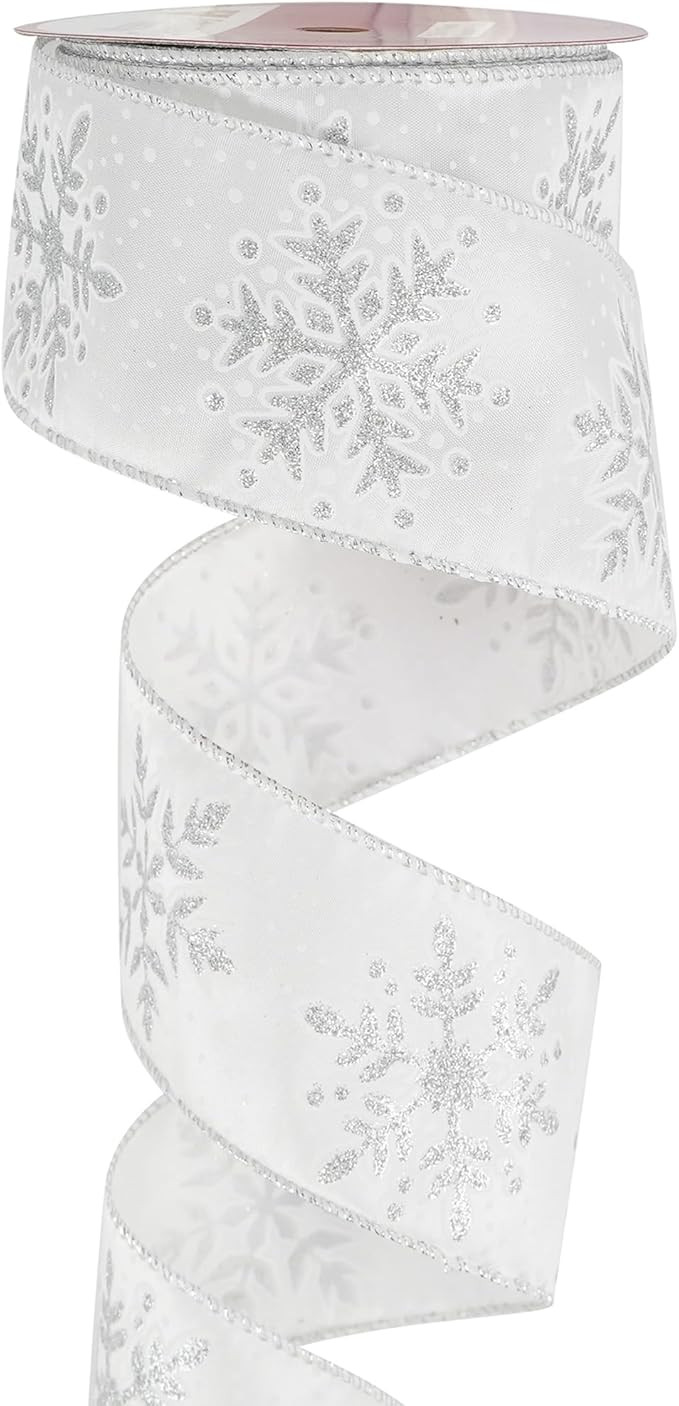 MEEDEE Silver Snowflake Ribbon White Ribbon with Silver Glitter Snowflake Ribbon 2.5 Inch Christm... | Amazon (US)