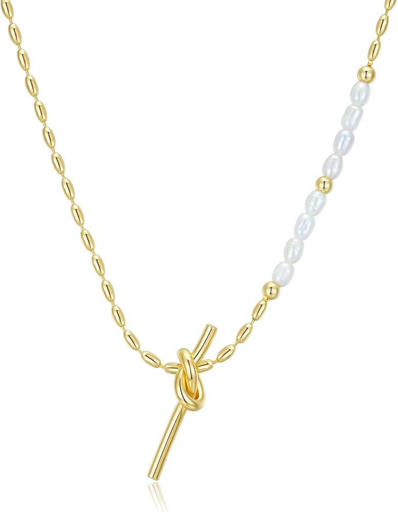 18K Gold Plated Bead Pearl Necklace with Small Golden Bow for Women, A Soft Outline | Amazon (US)