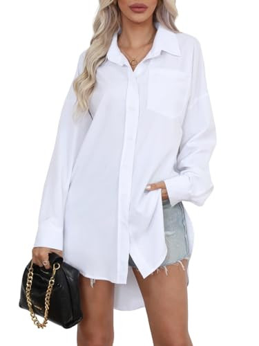 BB&KK Women's Button Down Shirt Dresses with Pockets Button Up Tunics Solid High Low Blouse Tops Long Sleeve White Small | Amazon (US)