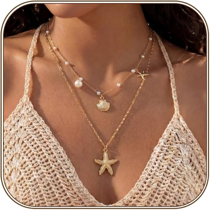 Shell Starfish Necklace for Women, Gold Plated Layered Pendant Necklace with Pearl Conch Charms, ... | Amazon (US)
