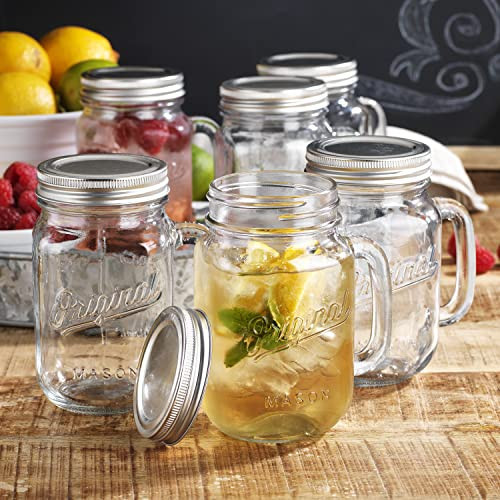 Glaver's Mason Jar 16 Oz. Glass Mugs with Handle and Lid Set Of 6 Old Fashioned Drinking Glass Bottles Original Mason Jar Pint Sized Cup Set. | Amazon (US)