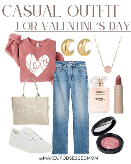 Shop this casual outfit inspo for Valentine's Day! A pink sweater paired with denim jeans, white sneakers, a cute tote bag, and more!
#midlifestyle #vdayfashion #everydaylook #winterfashion

#LTKSeasonal #LTKbeauty #LTKstyletip