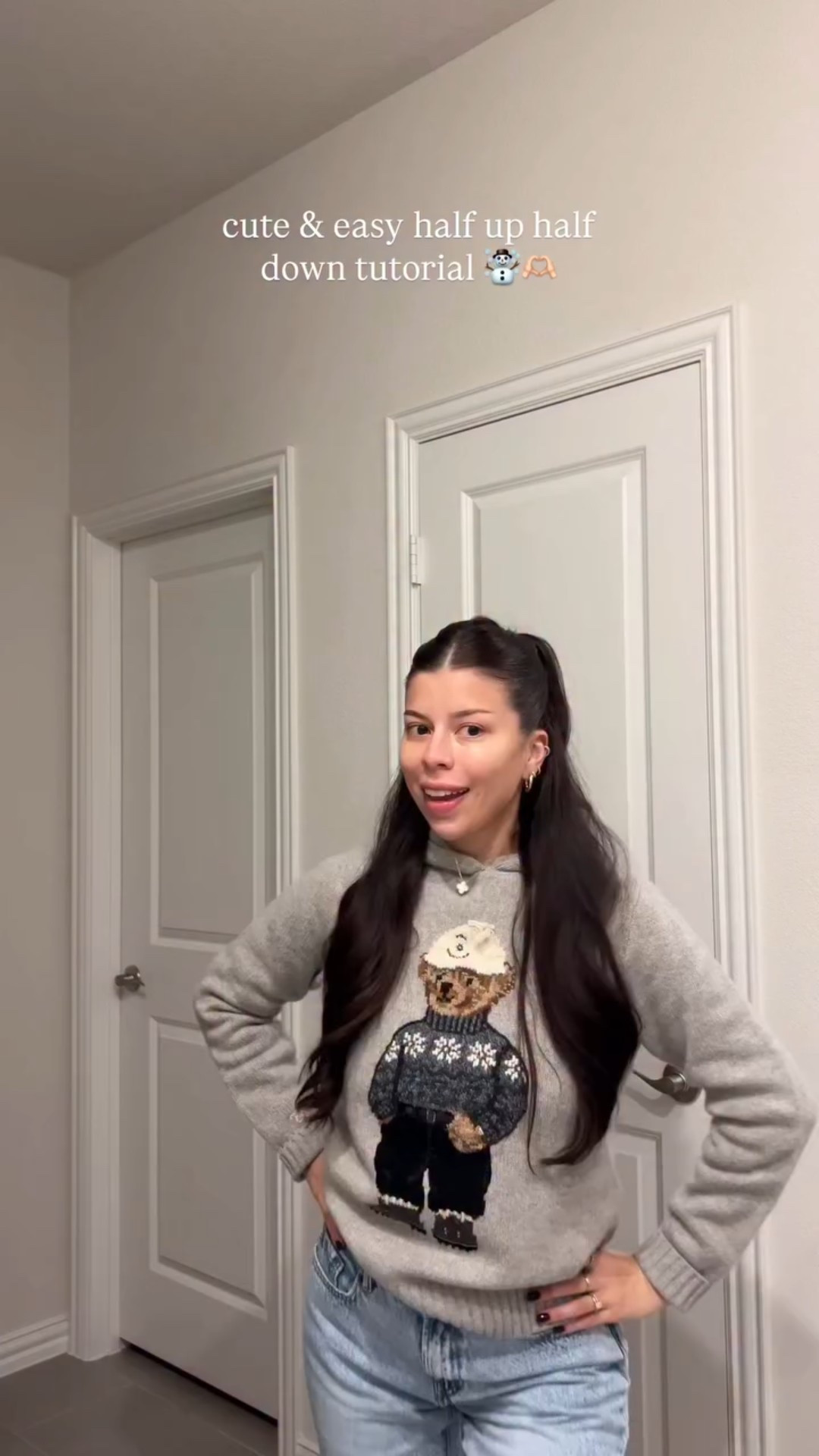 Cute & easy half up half down tutorial 🤍☃️🫶🏻 great for hair wash days, hoodie days or even holiday parties :) lmk if you want more simple hairstyle reels
.
.
brushes: @tangleteezer @crownaffair 
products: @emijayinc 
outfit: @ralphlauren @pacsun 
.
.
#hair #hairstyles #hairtutorial #inspo #grwm