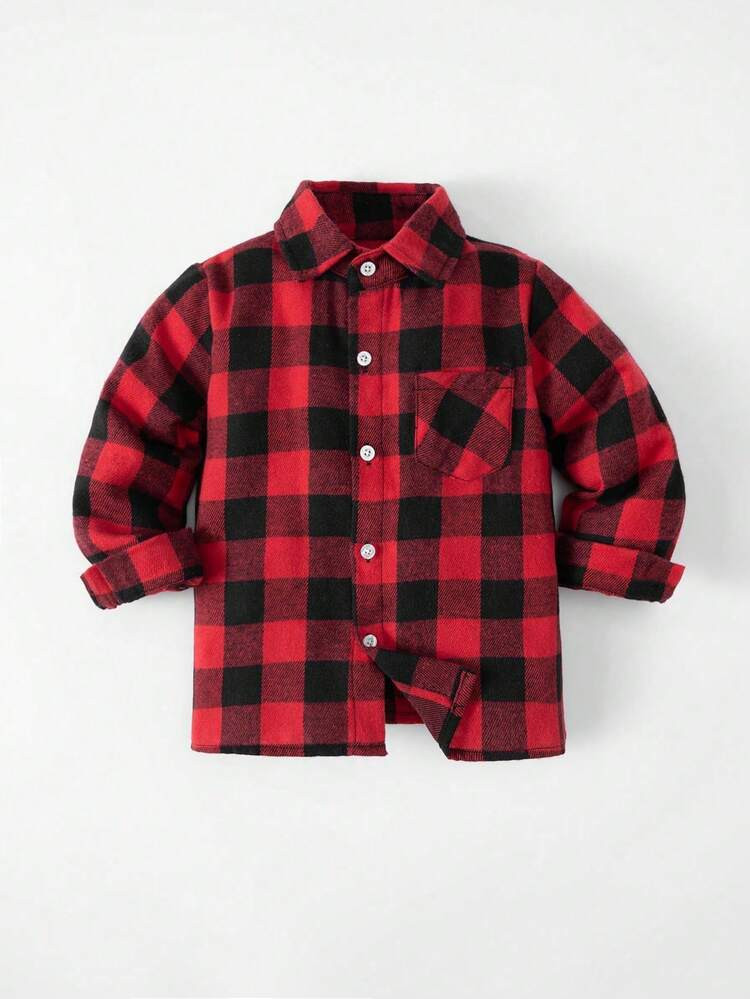 Young Boy Classic Street Style Red & Black Plaid Long Sleeve Shirt | SHEIN