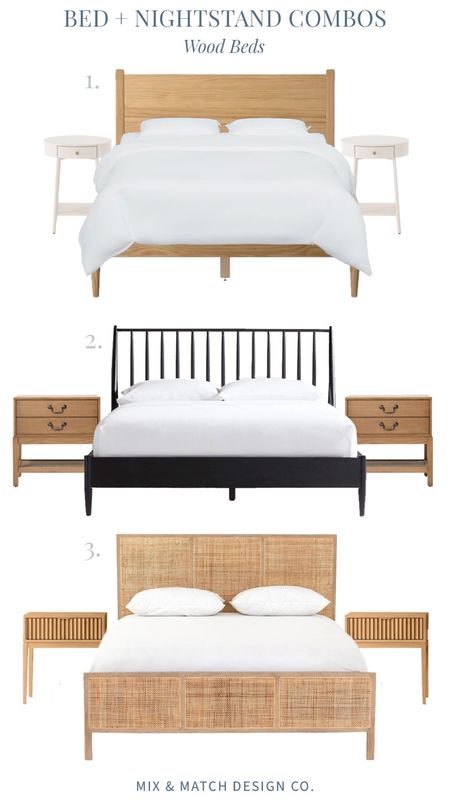 Need some inspiration on bed + nightstand pairings? I’ve got you covered! Here are three sets with wood beds and I also have one for upholstered beds!