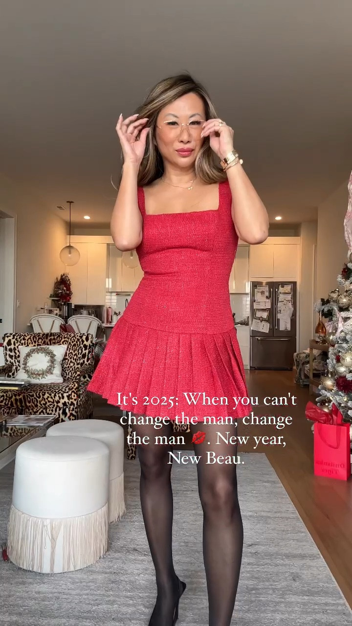 Look for less. Tweed dress. Red dress. Revolve dress. Under $100. Size small. Nylons and pumps Amazon 

#LTKStyleTip #LTKHoliday #LTKFindsUnder100