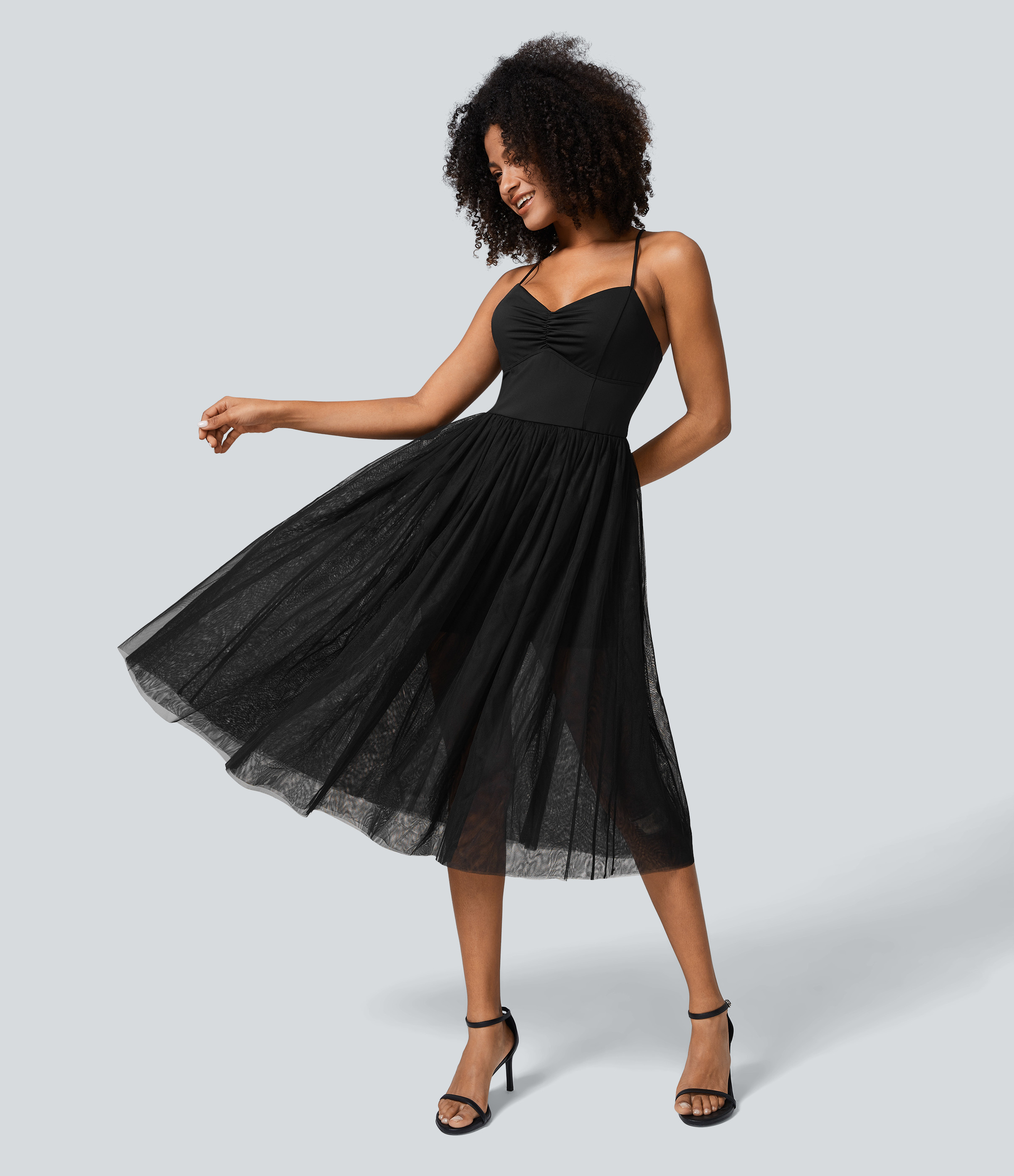 Halara V Neck Ruched Lace Up Contrast Mesh Midi Casual Dress Casual Dress - Black - XS slip dress beach dress ruched dress halter dress | HALARA