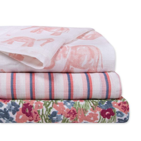 Wandering Elephants Organic Cotton Woven Muslin Baby Swaddle Blankets 3 Pack | Burts Bees Baby