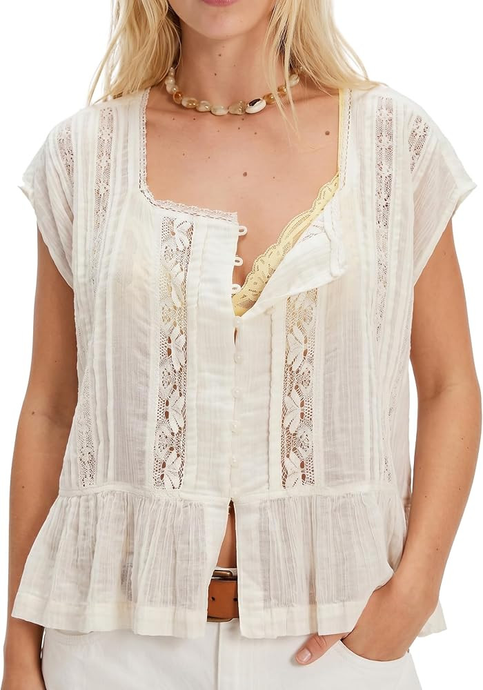 Women Boho Semi Sheer Blouse Lace Trim Button Down Short Sleeve Y2k Top | Amazon (US)