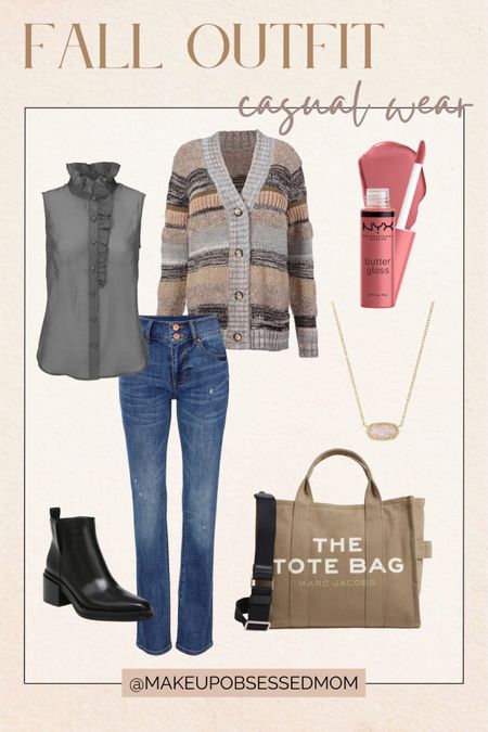Check out this easy casual outfit to copy: gray sleeveless ruffle top, stylish striped cardigan, denim jeans, boots and more!
#falloutfit #outfitinspo #petitefashion #beautypicks #transitionstyle

#LTKbeauty #LTKFind #LTKstyletip