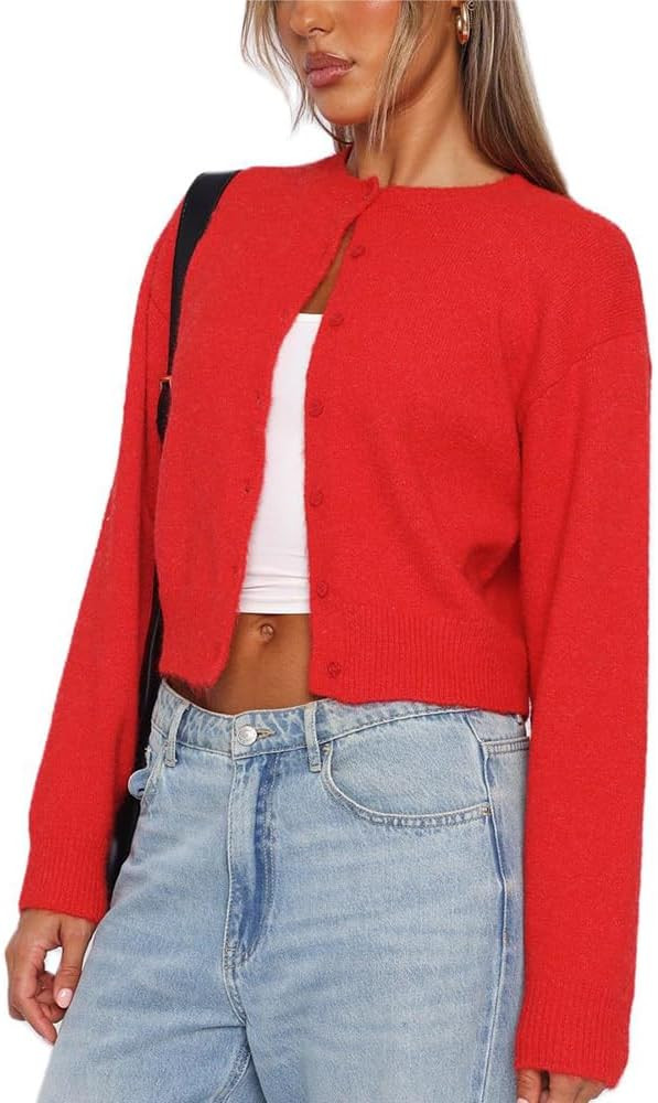 Women Y2k Crop Cardigan Sweater Crop Button Down Cardigan Cute Long Sleeve Sweater Open Front Lig... | Amazon (US)