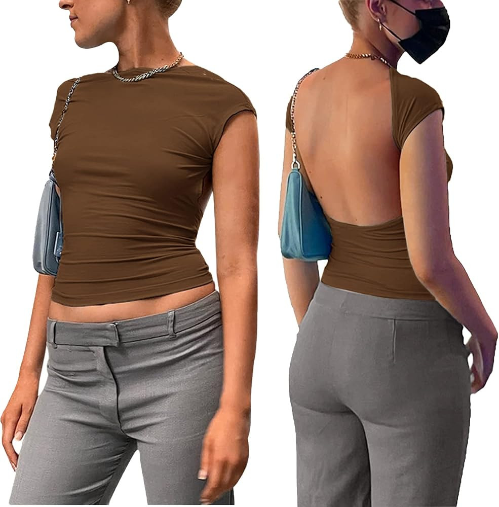 ForeFair Women Sexy Backless Short Sleeve Slim Fit Crewneck Summer Casual Y2K Crop Tee | Amazon (US)