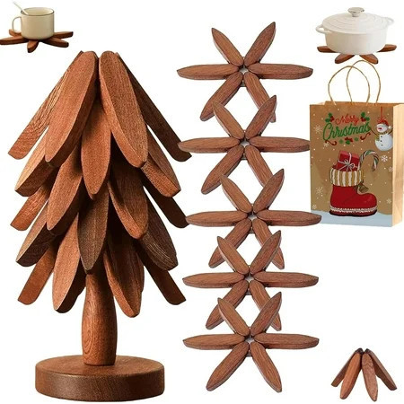 Walnut Wood Tree Trivet Set, Natural Tree Trivet Set - 4 Wooden Trivets & 1 Stand Like a Christmas, Foldable Kitchen Wooden,for Hotdishes Pot Bowl Teapot Hot Pot Holder (Walnut-c) | Walmart (US)