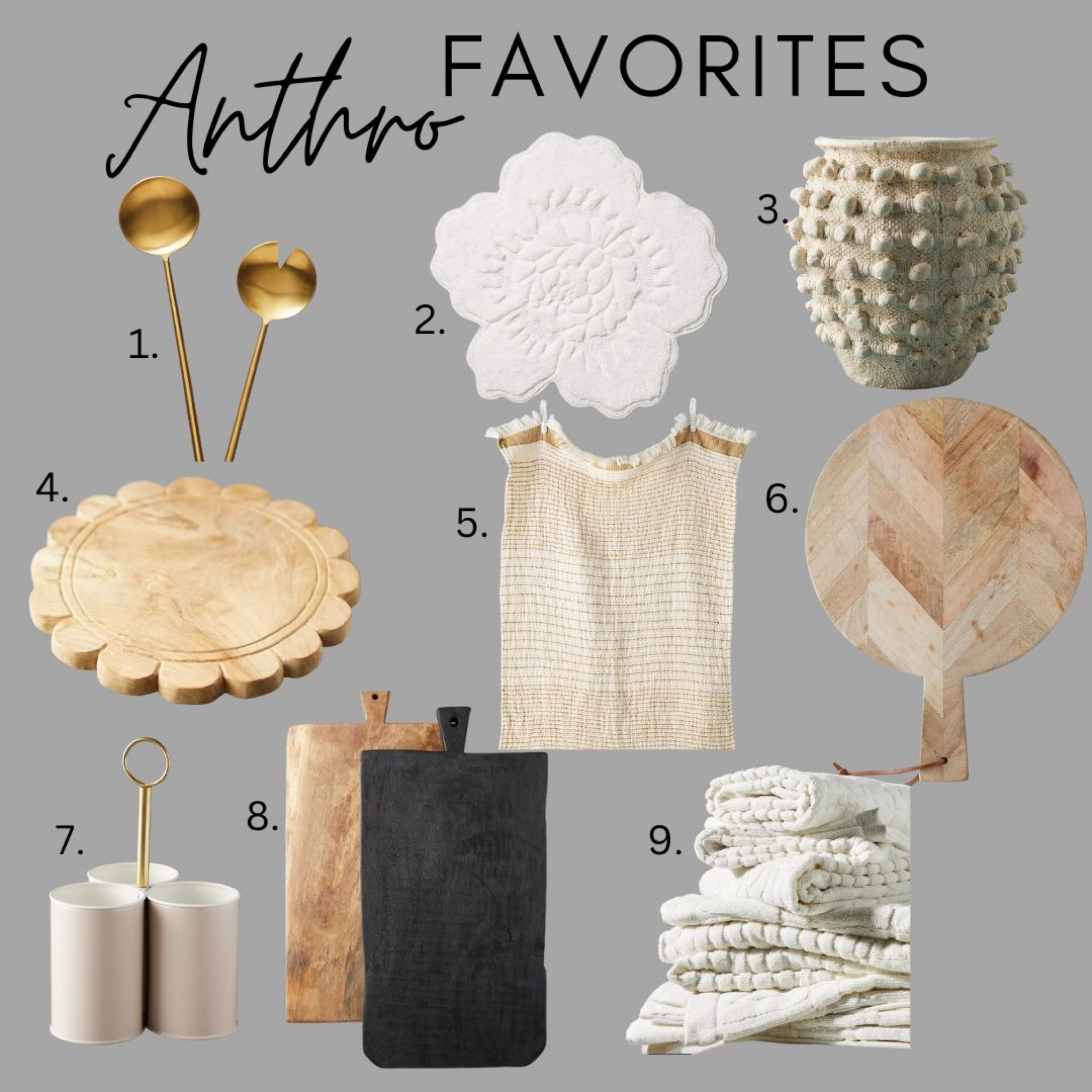 Anthro favorites! 
Vase
Serving board 
Utensil holder 
Bath mat 


#LTKhome #LTKFind