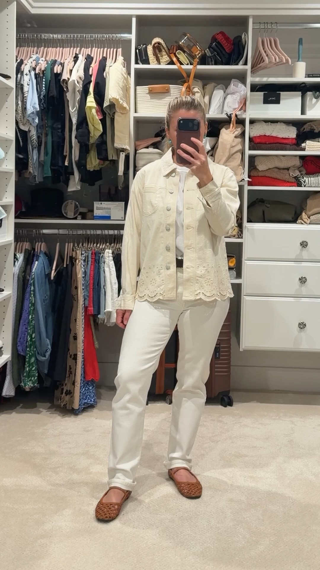 Third outfit with the Frame Borrowed jeans.

For this look I layered a cream jacket over a simple tee and finished it with woven flats. I love adding a light jacket to bring structure to white denim. It instantly makes the outfit feel intentional.

The denim quality is excellent. Soft, stretchy, and very comfortable.

But after trying them a few different ways, I realized the light wash and relaxed cut just aren’t the most flattering on me. They make me look a little shorter and heavier than I prefer.

These would work really well for someone taller, someone who likes a relaxed straight-leg fit, or anyone who wants a comfortable everyday jean with a softer feel.

Editing pieces that don’t flatter you, even if they’re beautiful, is a key step in building a Signature Wardrobe.

#LTKTall #LTKPetite #LTKootd