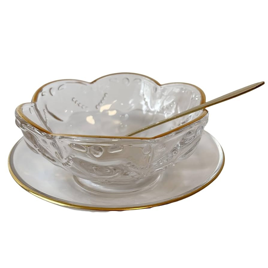 Gold Edged Glass Cutlery Set, Including 1 Glass Bowl, 1 Glass Plate And 1 Spoon, Used For Dessert... | Amazon (US)