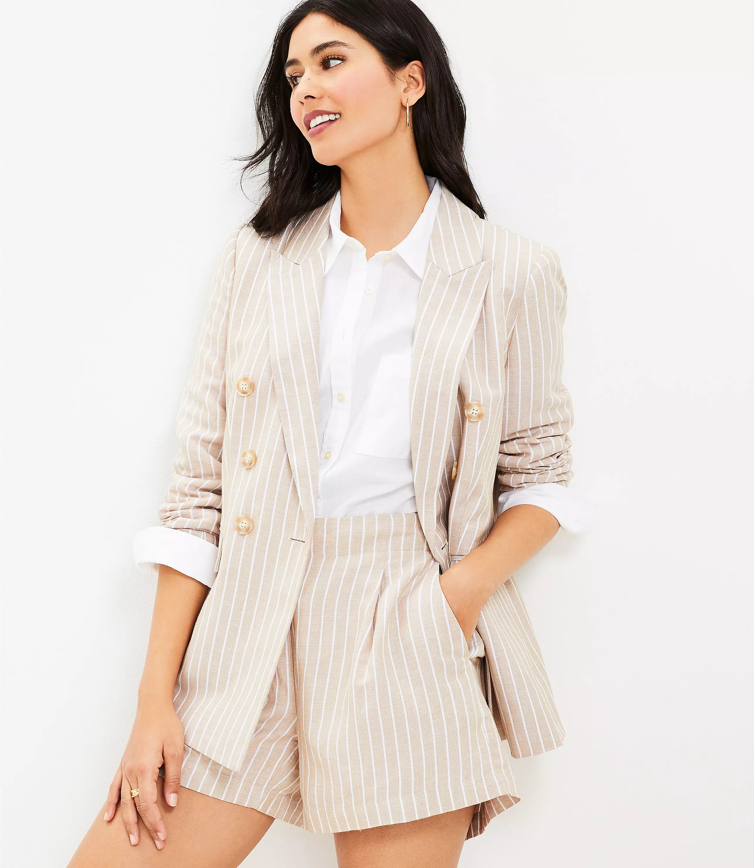 Striped Linen Blend Double Breasted Blazer | LOFT