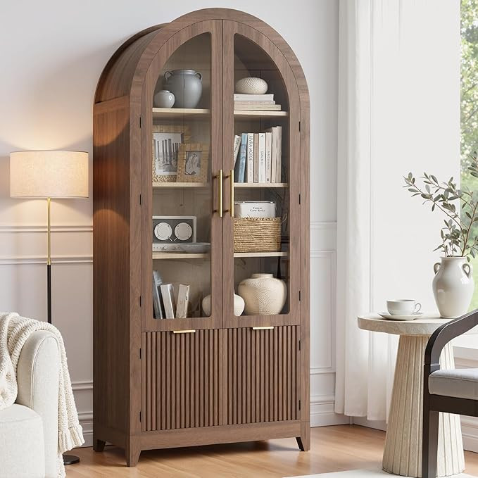 win2win 69" Tall Arched Cabinet with Glass Doors, 5-Tier Shlelves, Walnut | Amazon (US)