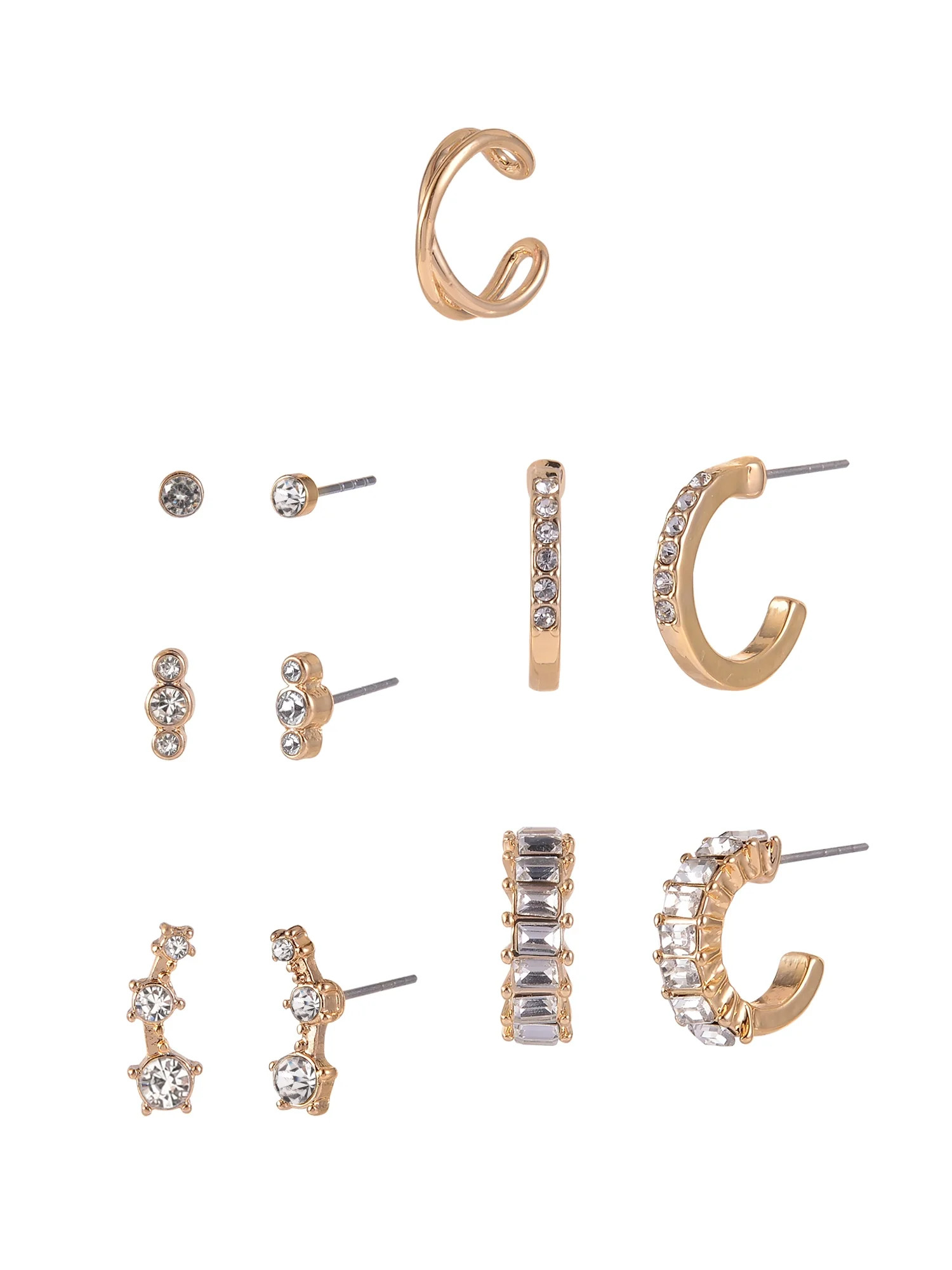 Time and Tru Adult Female Gold-Tone 5 Pair Crystal Stone Drop and Hoop Stacker Earring Set | Walmart (US)