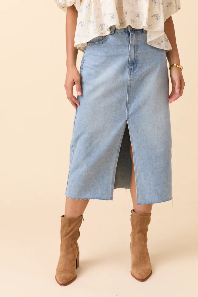 Mya Medium Wash Denim Midi Skirt FINAL SALE | Pink Lily