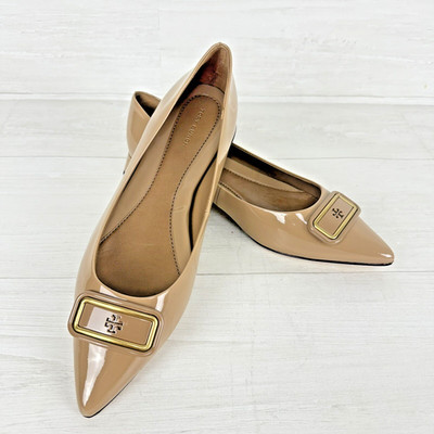 Tory Burch Size 9.5 GEORGIA Pointed Toe Flats Almond Flour Beige Patent Leather | eBay US