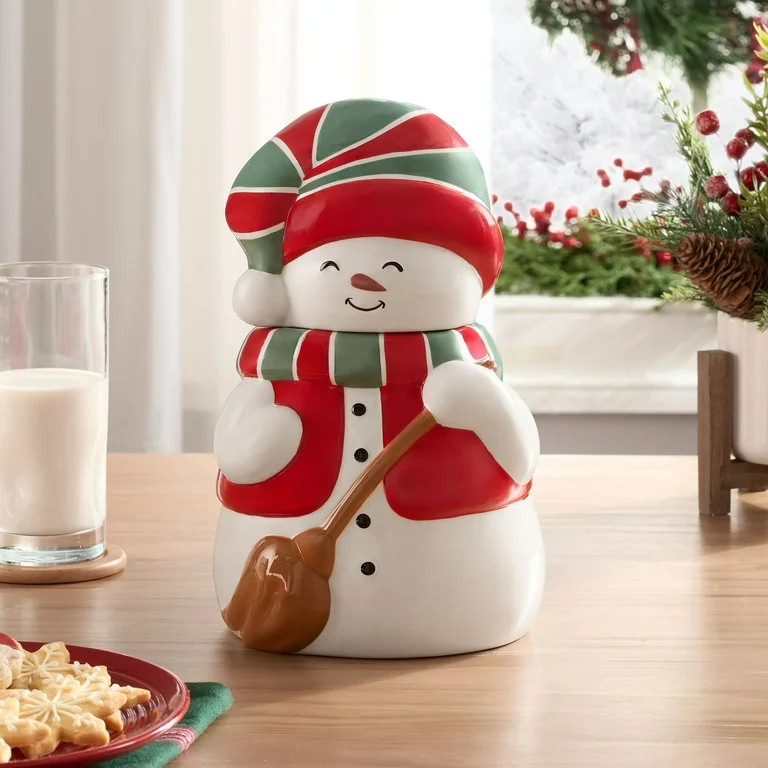 Holiday Time 73-Oz Snowman Glazed Earthenware Ceramic Treat Jar with Lid, Multicolor | Walmart (US)