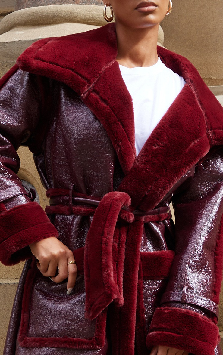Burgundy Vinyl Contrast Faux Fur Midi Coat | PrettyLittleThing US